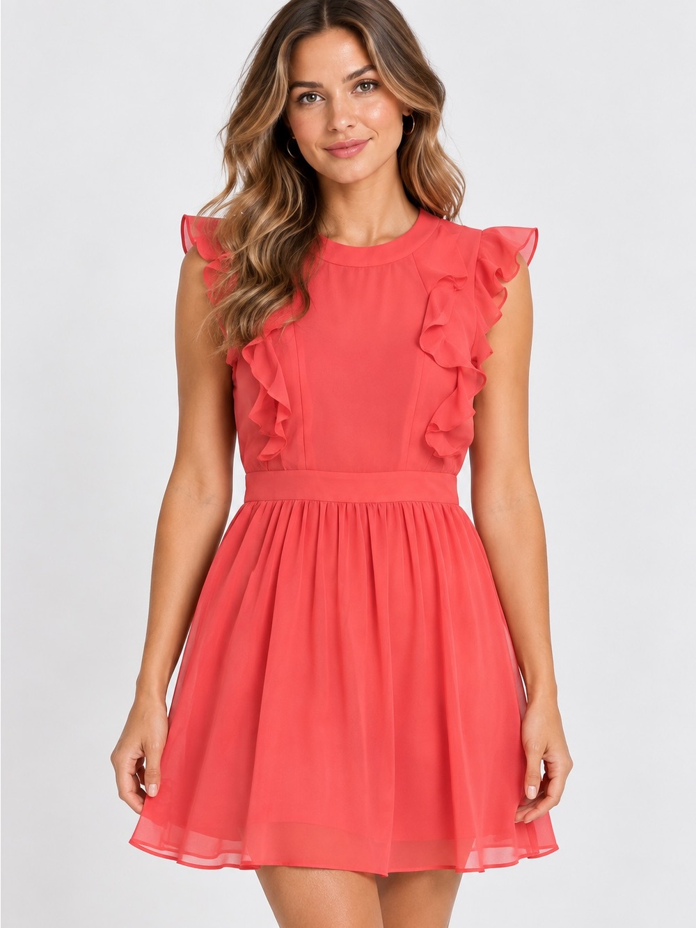BCBGeneration Coral Chiffon Ruffle A-Line Mini Dress Sleeveless Sz 6 Lined